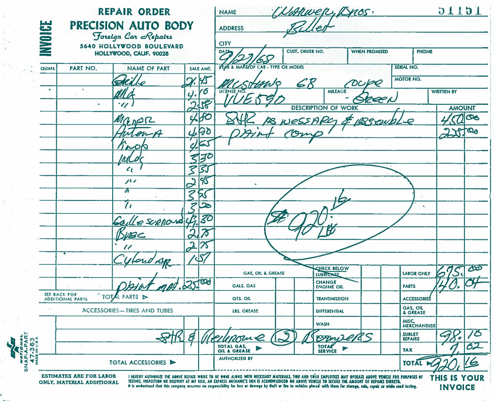 La facture de Precision Auto Body — Copyright Frank Marranca